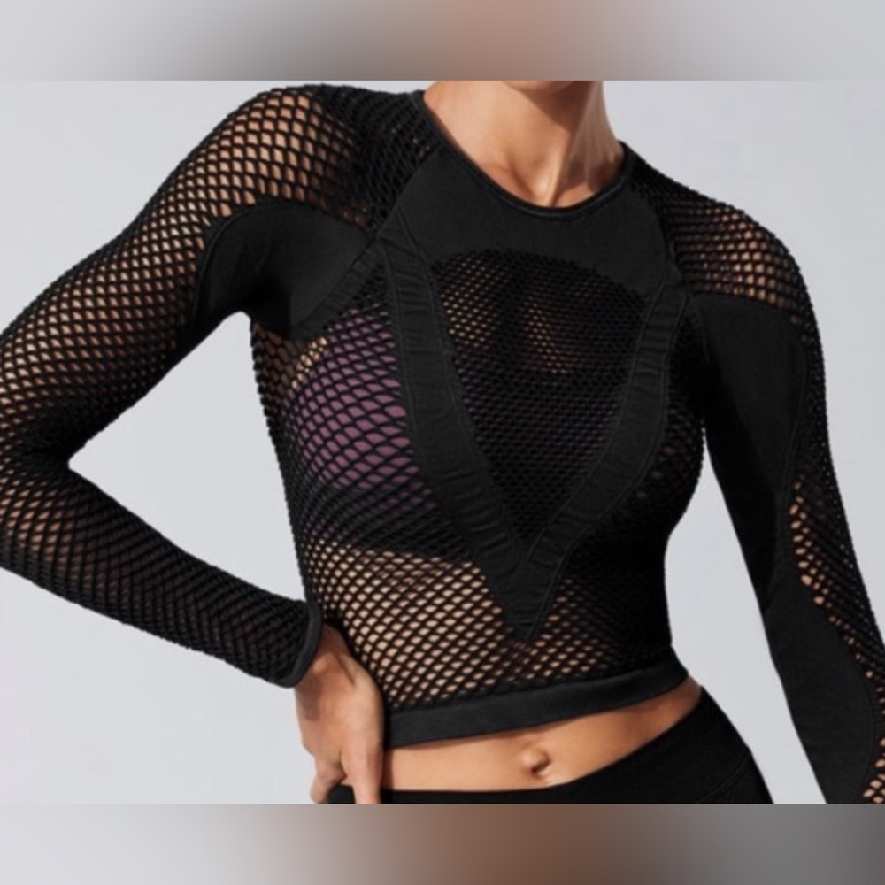 NUX Los Angeles Black Mesh Long Sleeve Crop Top Size Medium/Large